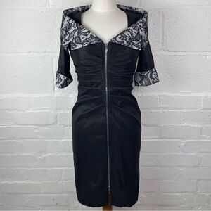 Joseph Ribkoff 12 Shimmery Black White Lace Off Shoulder Collar Zip Front Dress